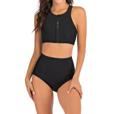 Imagem de JadeRich Conjunto de biquíni esportivo feminino de duas peças, maiô atlético com zíper frontal, costas nadador e short para meninos, Preto, XGG