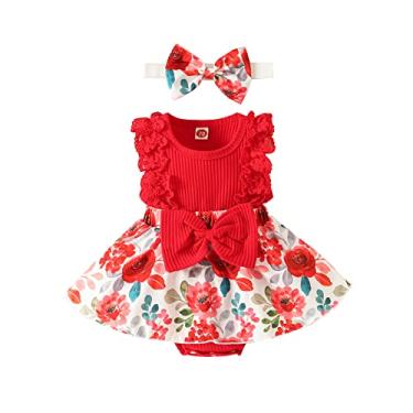 Imagem de mlpeerw Conjunto de roupas de verão para bebês recém-nascidas, sem mangas, com renda floral e faixa de cabeça, Um macacão floral vermelho, 6-12 Meses