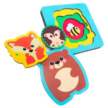 Imagem de Quebra cabeça encaixe progressivo animais madeira educativo - BABEBI
