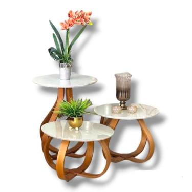 Imagem de Kit 3 Mesas Cebola Base Laminada Com Tampo De MDF Com Vidro Brancas - 