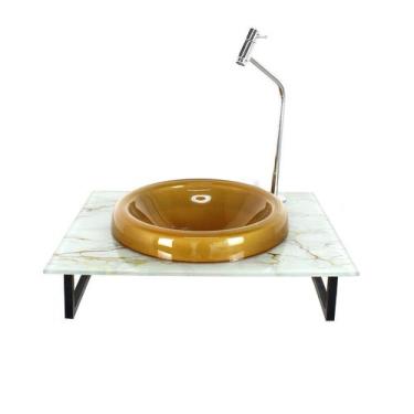 Imagem de Gabinete de vidro banheiro 50cm com bancada marmorizada branco dourado