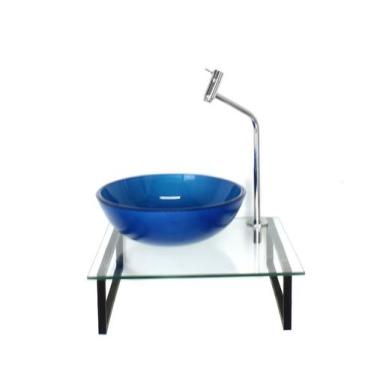 Imagem de Kit cuba de vidro redonda 10mm azul escuro com tampo 40cm incolor e su