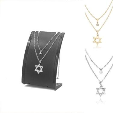 Imagem de Colar Duplo Feminino estrela de davi 6 pontas estrelinha aço inox folh