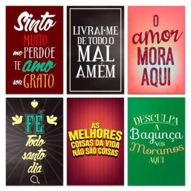 Imagem de Kit 6 Placas Decorativas Com Frases Fé Amor Mdf 20x13 cm - Art Print
