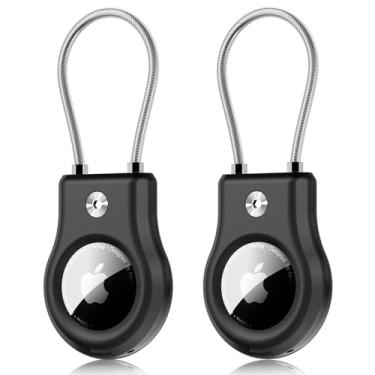 Imagem de Compatível com suporte seguro Apple AirTag, pacote com 2 porta-chaves FlyCoco AirTag com cabo de arame, capa protetora antiperda com chaveiro para chave de bagagem, mochila, coleira de cachorro, preto