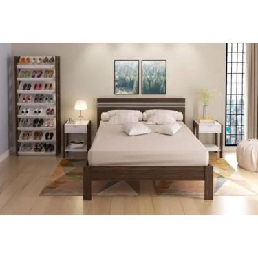 Imagem de Quarto Casal Completo 4 Peças (Cama de CM8009 + 2 Mesas Cabeceira AZ1016 + Sapateira AZ1006) Nogal/Branco - Tecno Mobili