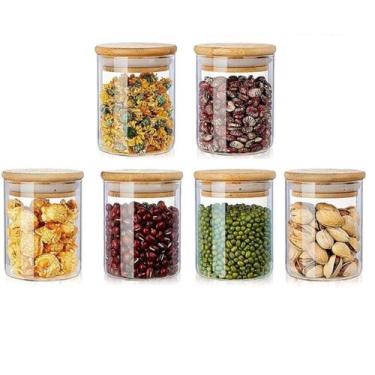 Imagem de Kit 6 Potes Vidro Tampa Bambu Hermético Temperos 200ml - CLASS HOME