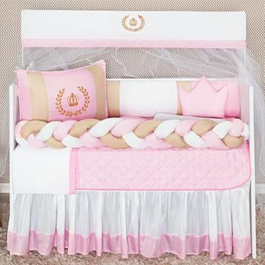Imagem de Kit Berço Trançado Coroinha Luxo Menina Rosa 11 Peças Com Saia - Chuva