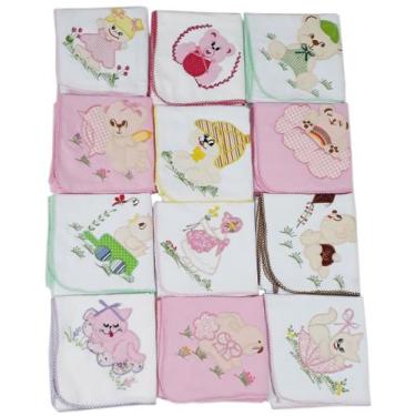 Imagem de Cueiro Flanelado 80x80 Bordado Com Crochê Kit Com 6 - Dugu, Rosa