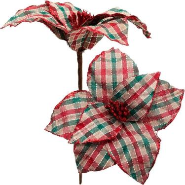 Imagem de Kit 6 Flores Artificiais Xadrez Artesanal Gliter Natal 30cm
