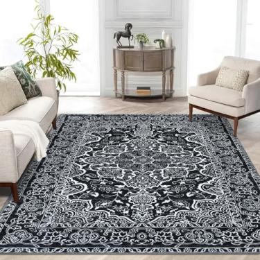 Imagem de KUTA Tapete Vintage 5X7 Preto Azul Marinho, Tapetes Laváveis para Sala de Estar Ultra Macio Antiderrapante Tapete de Quarto Impresso Envelhecido Oriental Floral Medalhão Tapete de (7' X 5' (Retangular