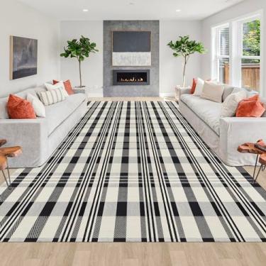 Imagem de Aoczes Tapete xadrez Buffalo 20 x 3 m algodão xadrez preto e branco quadriculado lavável em ambientes internos e externos para sala de estar, quarto, fazenda e pátio