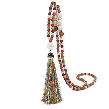 Imagem de COLORFUL BLING Colar com pingente de franja longo multicolorido feito à mão com contas de mala de cristal turquesa e pérola para mulheres, joia étnica de oração boho, Metal Cristal Strass, Miçangas,