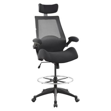 Imagem de BOLISS Cadeira ergonômica de malha de 180 kg com encosto alto, cadeira de escritório alta, cadeira de mesa em pé, encosto de cabeça ajustável, com braços flip-up, suporte lombar giratório para