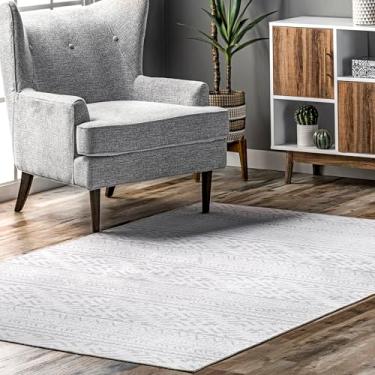 Imagem de nuLOOM Calia Tapete de área lavável à máquina com faixas astecas, 1,5 m x 2,3 m, cinza claro