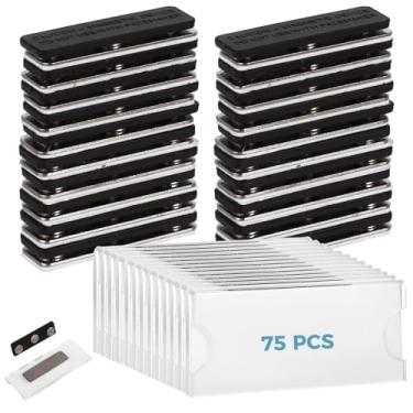 Imagem de 75 etiquetas magnéticas para nome, 7,6 x 3,3 cm, crachás magnéticos magnéticos em branco, emblemas imprimíveis por sublimação de calor com fixadores magnéticos para jaquetas, camisas