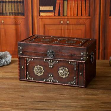 Imagem de Baú de Tesouro de Madeira, Caixa de Armazenamento Vintage, Recipiente de Armazenamento de Jóias, Tronco Decorativo para Lembranças, Decoração de Casa