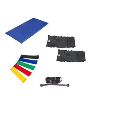 Imagem de Kit Colchonete Azul + Par de Caneleira 8kgs + 5 Mini Band Elástico par