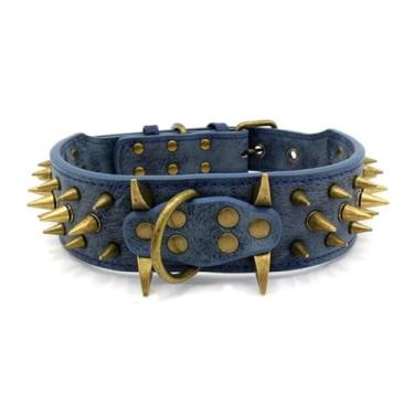 Imagem de Coleiras antimordidas para cães com rebite de 5 cm de largura, coleira de couro PU, colar Pitbull, coleira de cachorro grande para pastor alemão mastim rottweiler (azul, P (56 x 5 cm))