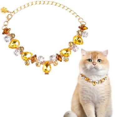Imagem de HOWWFALY Coleira para cães e gatos, corrente dourada, aço inoxidável, ajustável, diamantes amarelos, com pata fofa para animais de estimação pequenos, médios, gatos, cachorros, gatinhos (amarelo, P)