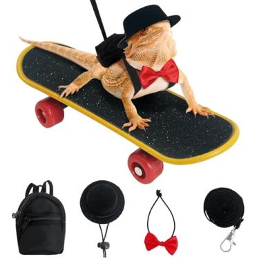 Imagem de PINVNBY Conjunto de 5 trelas e arreios de dragão barbudo, mochila com chapéu ajustável e gravata borboleta, mini skate, acessórios de dragão barbudo para lagarto, réptil, aventuras ao ar livre