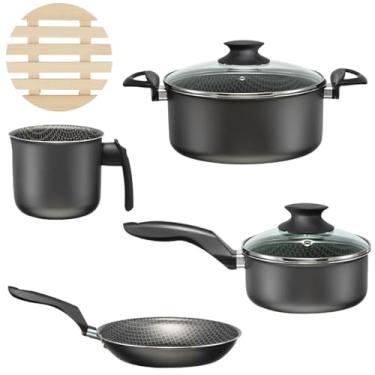 Imagem de Jogo de Panelas 04 Peças Antiaderentes C/Tampas de Vidro + 04 Descansos de Panela Redondos Madeira 14,5cm