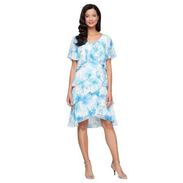 Imagem de S.L. Fashions Vestido feminino de manga curta floral de chiffon para coquetel primavera/verão, vestido de convidada de casamento, Marfim/Azul Multi, 40
