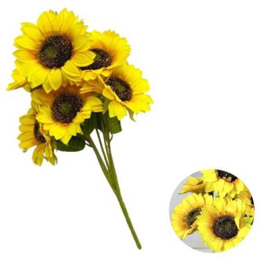 Imagem de Girassol Artificial 7 Flores Buquê Decoração Toque Realista - PlantaIm