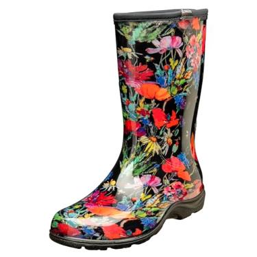 Imagem de Sloggers Botas de chuva femininas à prova d'água para jardim – lindas botas de lama e lama no meio da panturrilha com palmilha de suporte de conforto premium (In Fields Black), (tamanho 10)