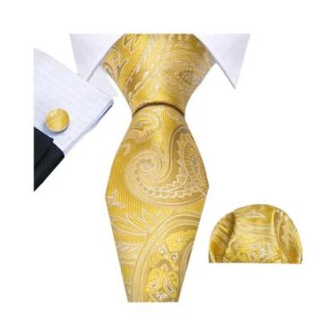 Imagem de Conjunto de Abotoaduras e Gravata de Seda - Tulipas Douradas, Bege, Am