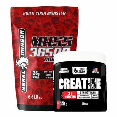 Imagem de Kit 1x Hipercalorico Refil 3Kg Mass 36500 Gainers Whey Isolado Concentrado Collagen 25 Vitaminas e Minerais + 1x Creatina Monohidratada 300g Carboidratos - Snake Dragon (3Kg, Chocolate Belga)