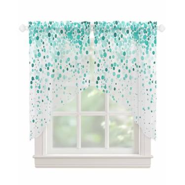 Imagem de Cortinas de saia semitransparentes azul-petróleo com bolinhas para janelas, aquarela, gradiente, semitransparentes, abstratas, modernas, voile para cozinha, sala de estar, quarto, 2 painéis, 91 x 91