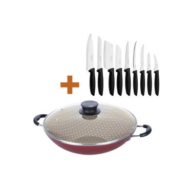 Imagem de Kit - Panela wok 6L Alumínio 36 cm Paris Vermelho + 1 Conjunto Facas 9pç - Tramontina