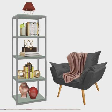 Imagem de Kit Poltrona Fatte com Manta Soft Salmão e Estante Livreiro Ferro Prata mdf Verde Oliva Suede Cinza - Ahazzo Móveis