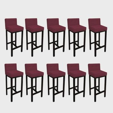Imagem de Kit 10 Banqueta Alta Com Encosto Alba Cozinha Balcão Bistrô Base Madeira Preto Suede Bordô - Ahz Móveis