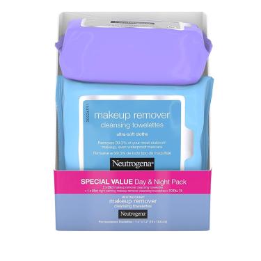 Imagem de Neutrogena Day & Night Wipes com removedor de maquiagem Limpeza facial toalhas & panos faciais calmantes à noite, lenços sem álcool para remover sujei
