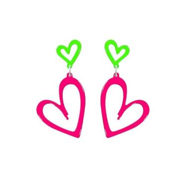Imagem de Brincos de coração neon para mulheres, retrô, acrílico, duplo, vazado, coração, anos 80, 90, roupa para mulheres, acessórios de festa, presente, 2.8*7.4cm, Acrílico, Sem pedra preciosa