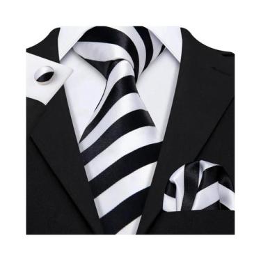 Imagem de Conjunto de Gravata e Abutões Masculinos - Seda Jacquard Preto, Branco