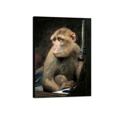 Imagem de MUHJDYC Imagens de arte de parede de pinturas famosas - Impressão de arte em tela com moldura preta moderna para decoração de parede de sala de estar - reprodução (macaco tocando piano) 70 x 100 cm -