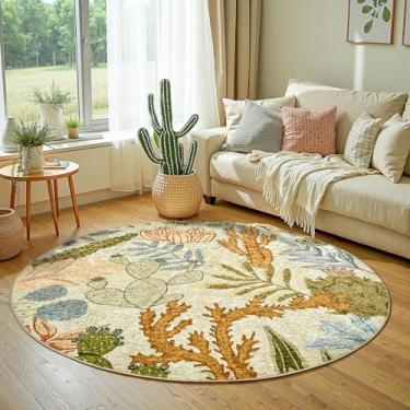 Imagem de jinchan Tapete redondo com estampa botânica verde de 1,8 m, lavável, círculo, moderno, tropical, deserto, cacto, macio, antiderrapante, para sala de estar, quarto, sala de jantar, sala de jogos