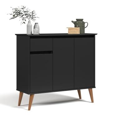 Imagem de Aparador Balcão Armário Bancada Cozinha Cantinho do Café Buffet Sala de Jantar Bar e Estar com 3 Portas e 1 Gaveta Retrô Veneza - Preto