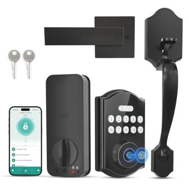 Imagem de POWIFY Conjunto de fechadura inteligente de impressão digital, fechadura de porta de entrada sem chave de controle de aplicativo com alça, teclado eletrônico digital anti-espião, trava automática,