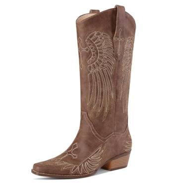 Imagem de RONILURN Botas femininas cano alto cowboy cowgirl botas ocidentais altas bico quadrado salto grosso retrô vestido feminino confortável bordado bota, Marrom, 41