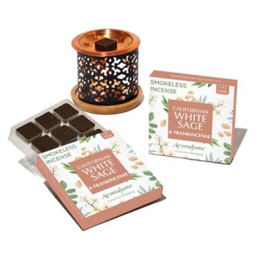 Imagem de Tijolos de incenso de sálvia branca e olíbano com queimador de floco de neve da Aromafume | 2 x 9 tijolos | Incenso de sálvia para limpeza, energia negativa e proteção | Sálvia para manchas sem