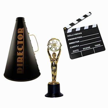 Imagem de Windy City Novelties Kit Hollywood - Megafone do Diretor + Tabuleiro + Troféu de Prêmio - Kit de Diretor de Cinema - Adolescente, Adulto - Preto, Dourado