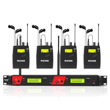 Imagem de MIZISNR Sistema de monitor de ouvido sem fio, 2 canais e 4 bodypacks Pro Mono IEM para músicos, monitor de montagem em rack de metal com frequências UHF 2 x 40, alcance de 100 metros para banda, palco