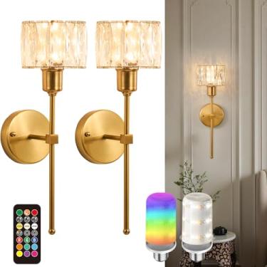 Imagem de BCGMYLN Arandelas de parede de cristal operadas por bateria, arandela de parede sem fio dourada com lâmpadas LED recarregáveis por USB, lâmpada de parede de cristal regulável de 12 cores com controle