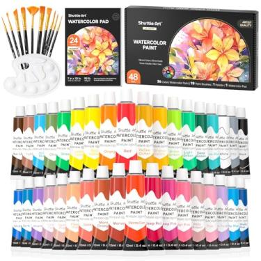 Imagem de Conjunto de 48 tintas aquarelas, arte de transporte, 36 cores, tinta aquarela em tubos (12 ml cada) com 10 pincéis, 1 almofada de aquarela, 1 paleta de aquarela, kit de aquarela premium para artistas, iniciantes, crianças