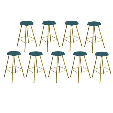 Imagem de Kit 09 Banqueta Alta Lari Eiffel Hexágono Ferro Dourado Suede Azul Turquesa - Amey Decor
