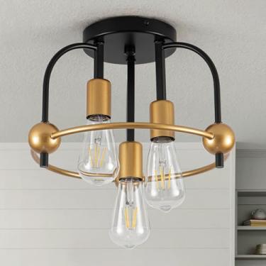 Imagem de fengkeDU Luminária De Teto Estilo Fazenda Com 3 Luzes, Preta, Dourada, Industrial, Embutida, Para Corredor, Iluminação Cozinha, Sala Estar, Quarto, Hall Entrada, E26